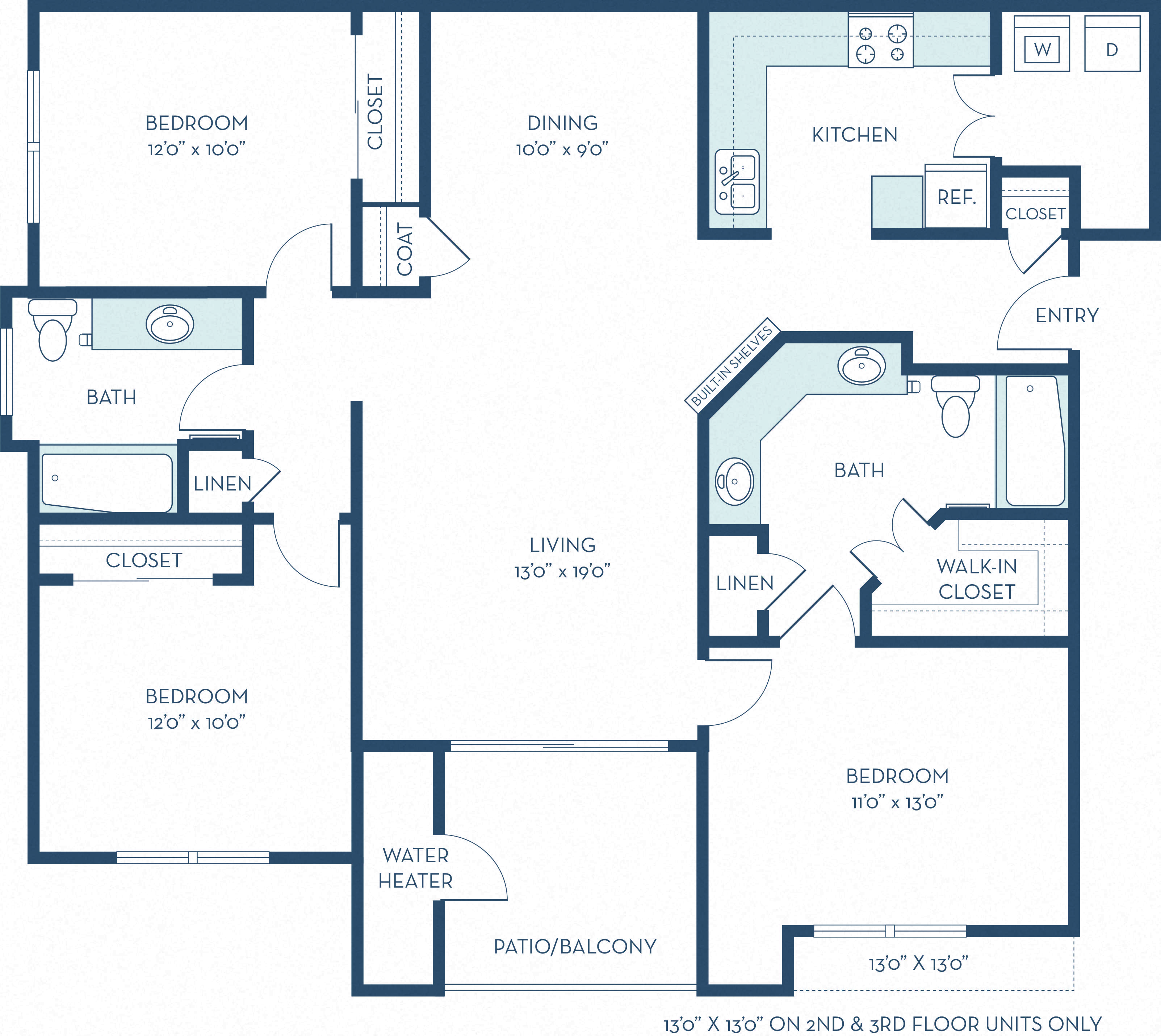 Floor plan for 3 beds, 2 baths, 1329 sqft